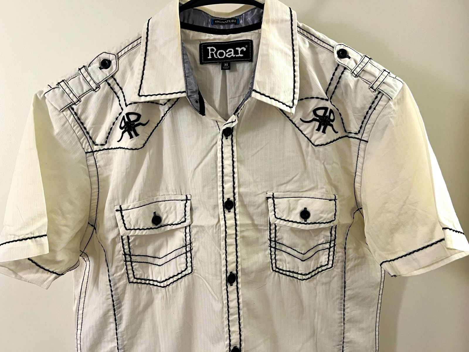 Roar Signature Mens Shirt M White Black Contrast Stitch Embroidered Western Y2K