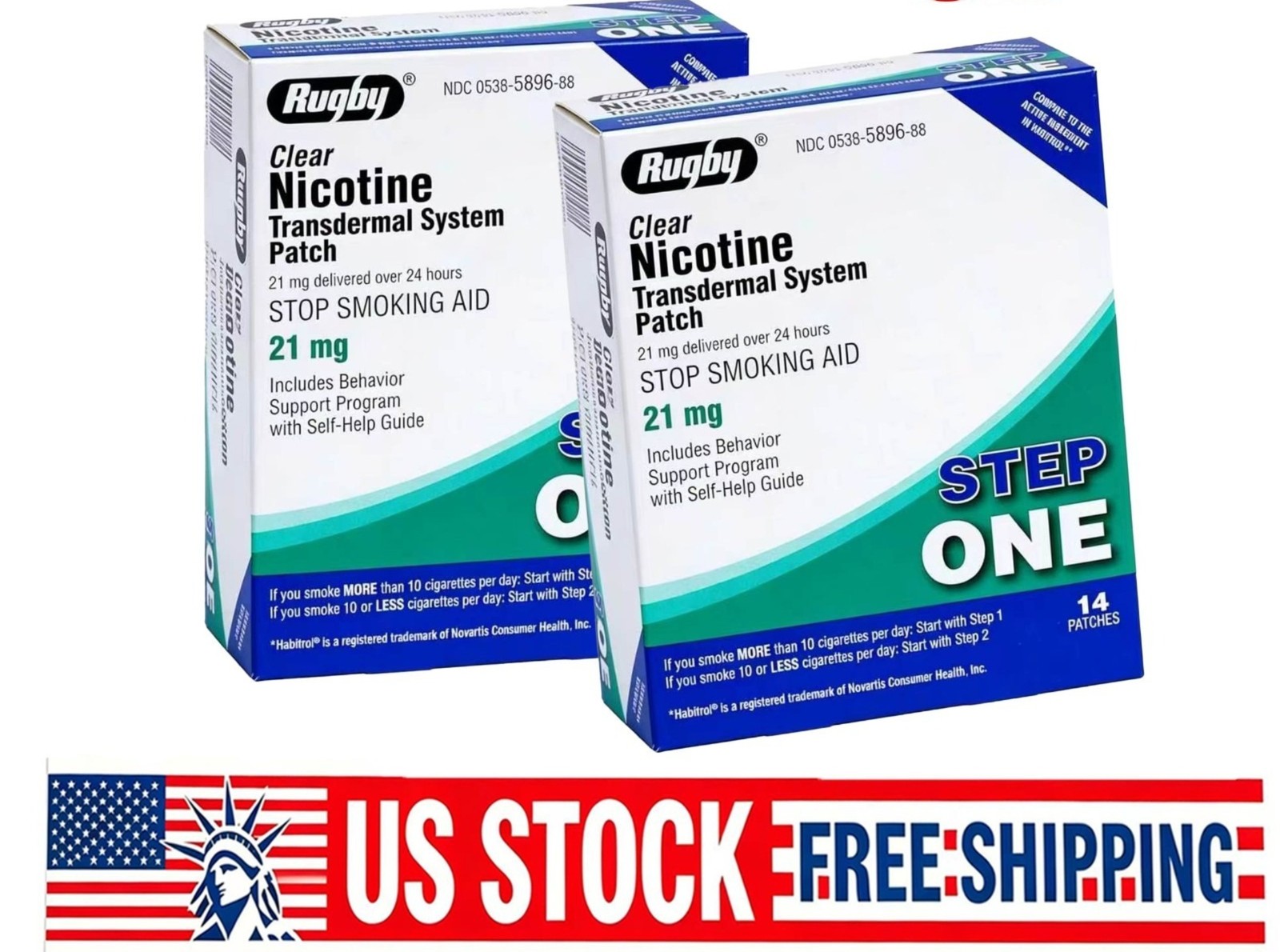 2 PACK-Rugby Clear Nicotine 21mg Transdermal System Patch Step