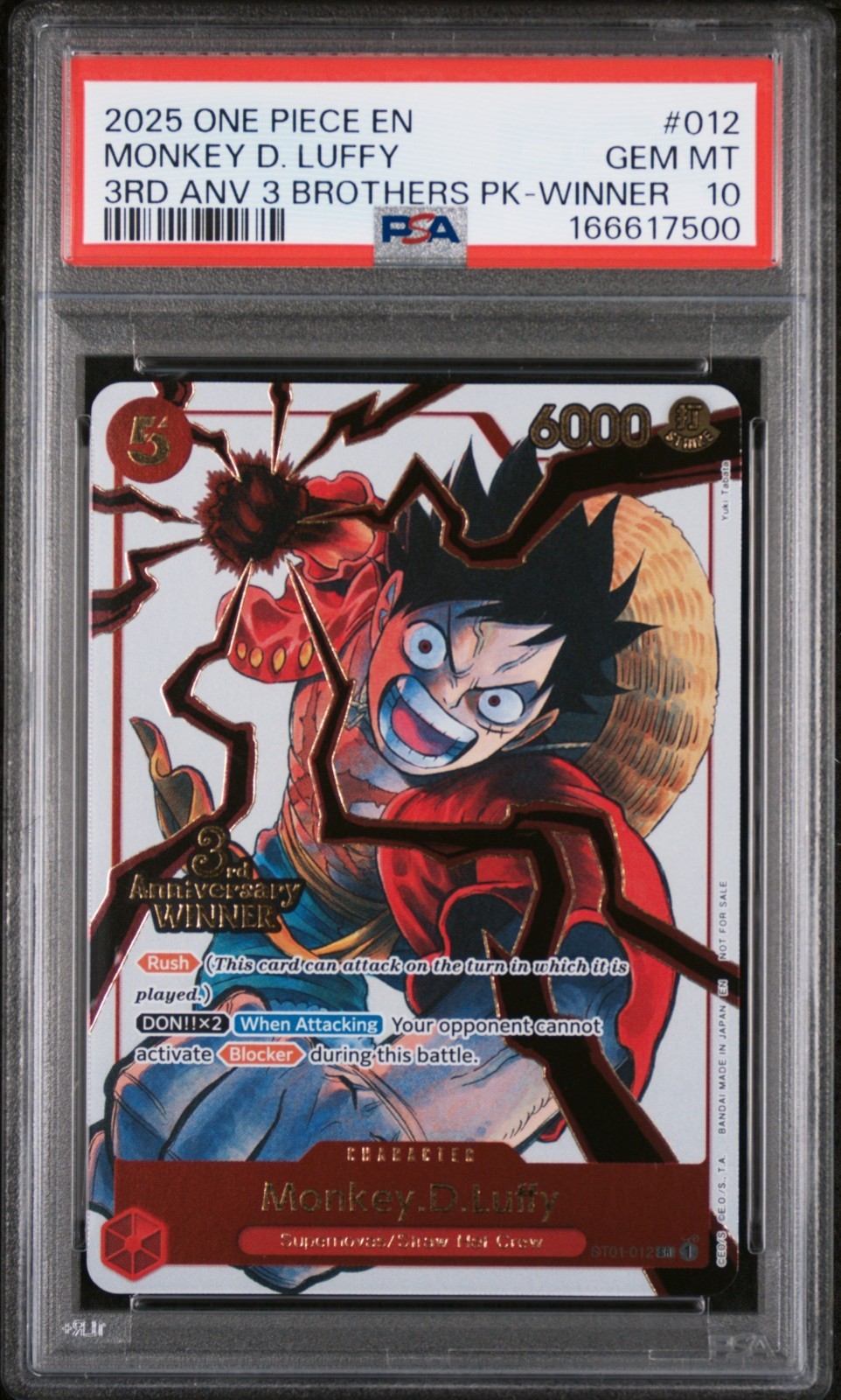 One Piece Graded: Monkey. D. Luffy ST01-012 3rd Anniversary Winner Foil PSA 10 One Piece Graded: Monkey. D. Luffy ST01-012 3rd Anniversary Winner Foil PSA 10