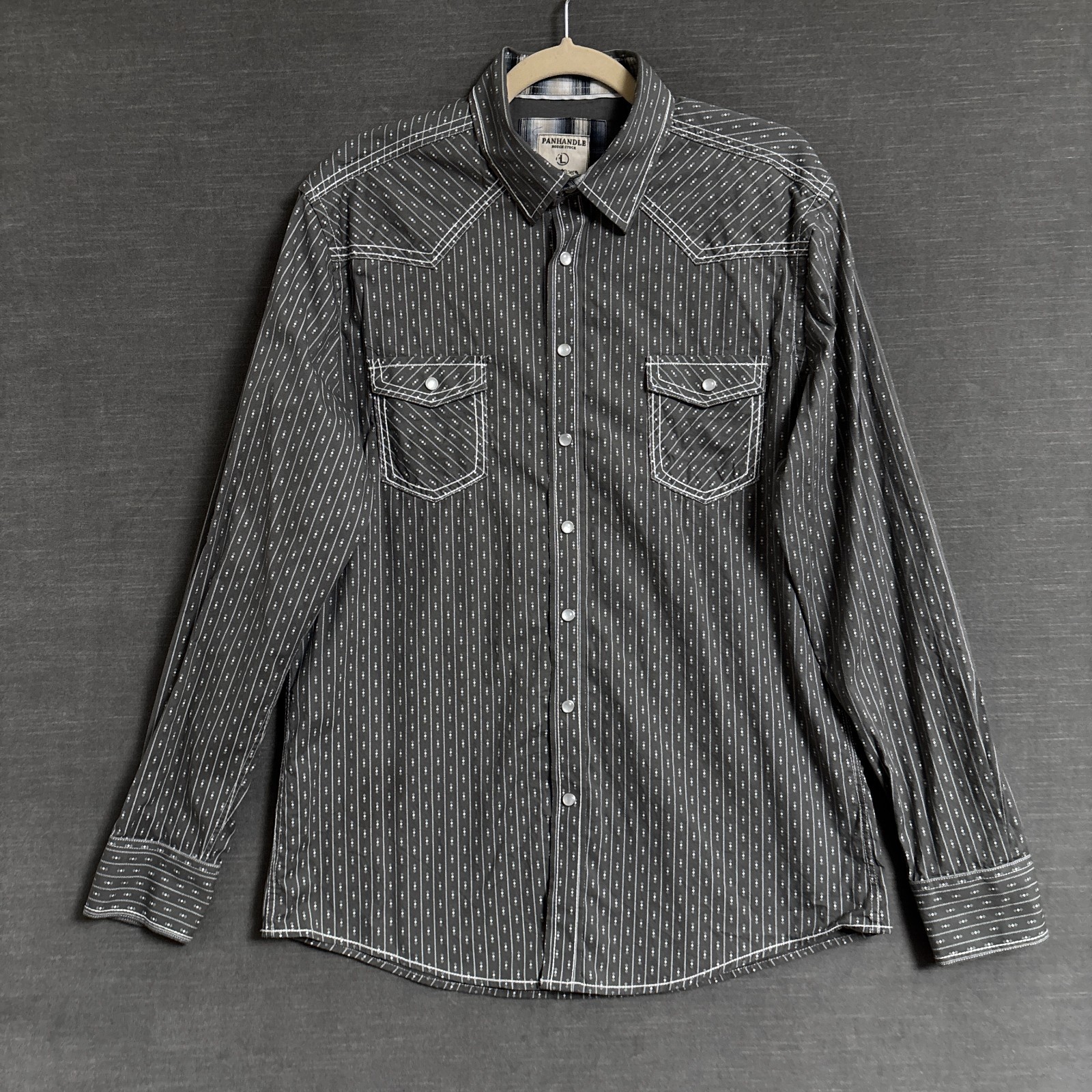 Panhandle Shirt L Slim Gray Pearl Snap Western Cowboy Rough Stock Riding Yoke