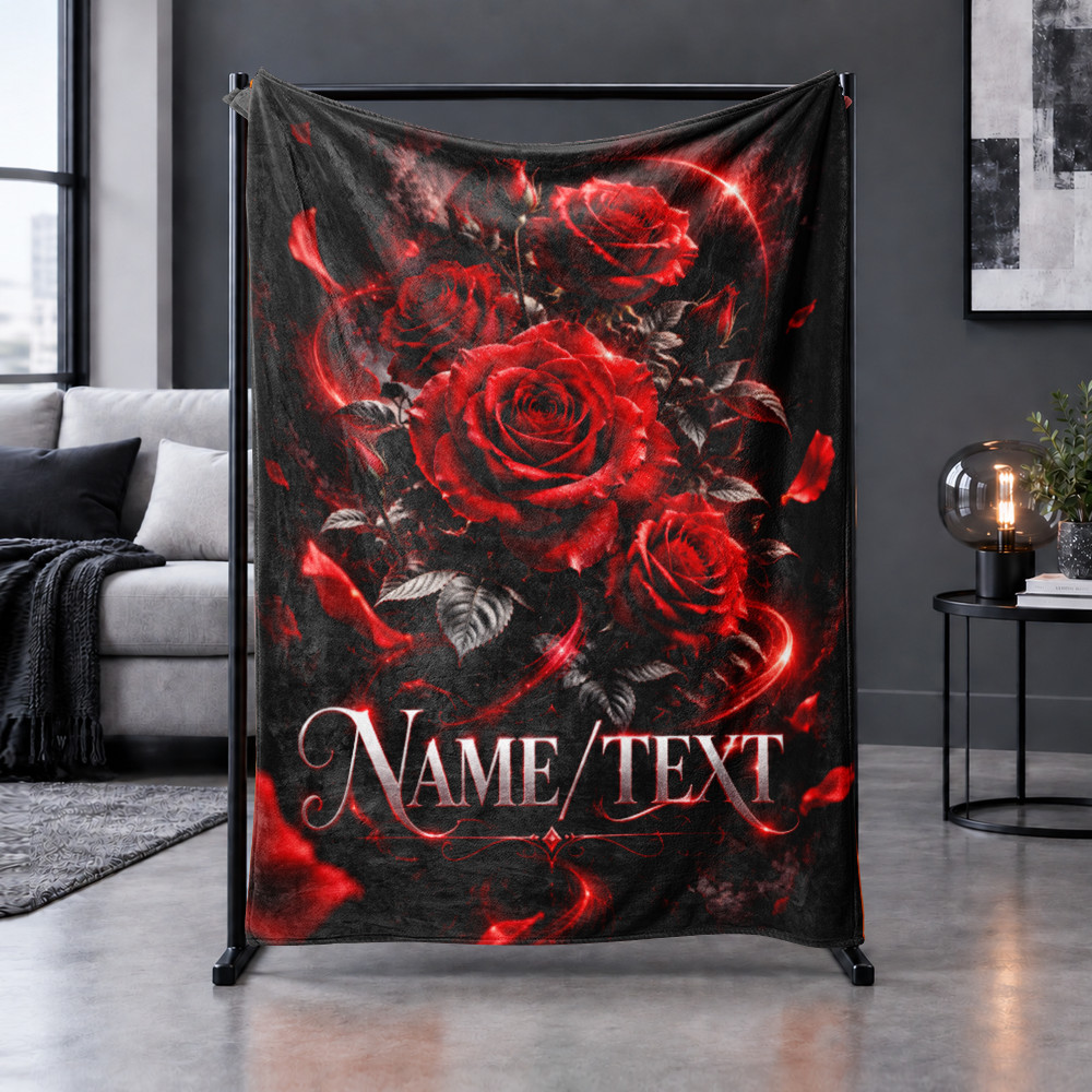 Red Roses Glowing Swirl Dark Floral Coral Fleece Blanket
