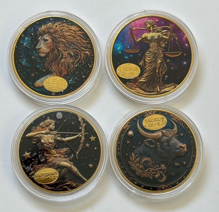 4 Gold Plated & Colored Zodiac Coins - Leo (Lion), Libra, Sagittarius, Taurus