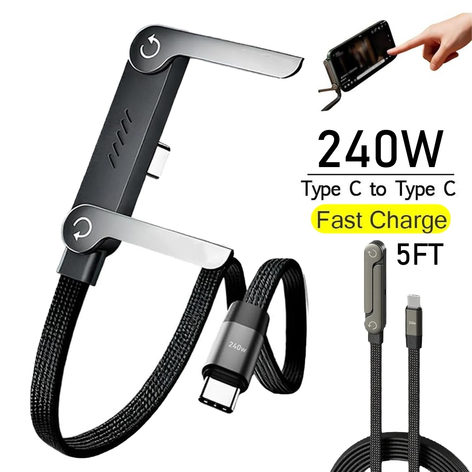 2-in-1 Invisible Holder Charger Cable–240W Fast Charging Cord with Phone Stand