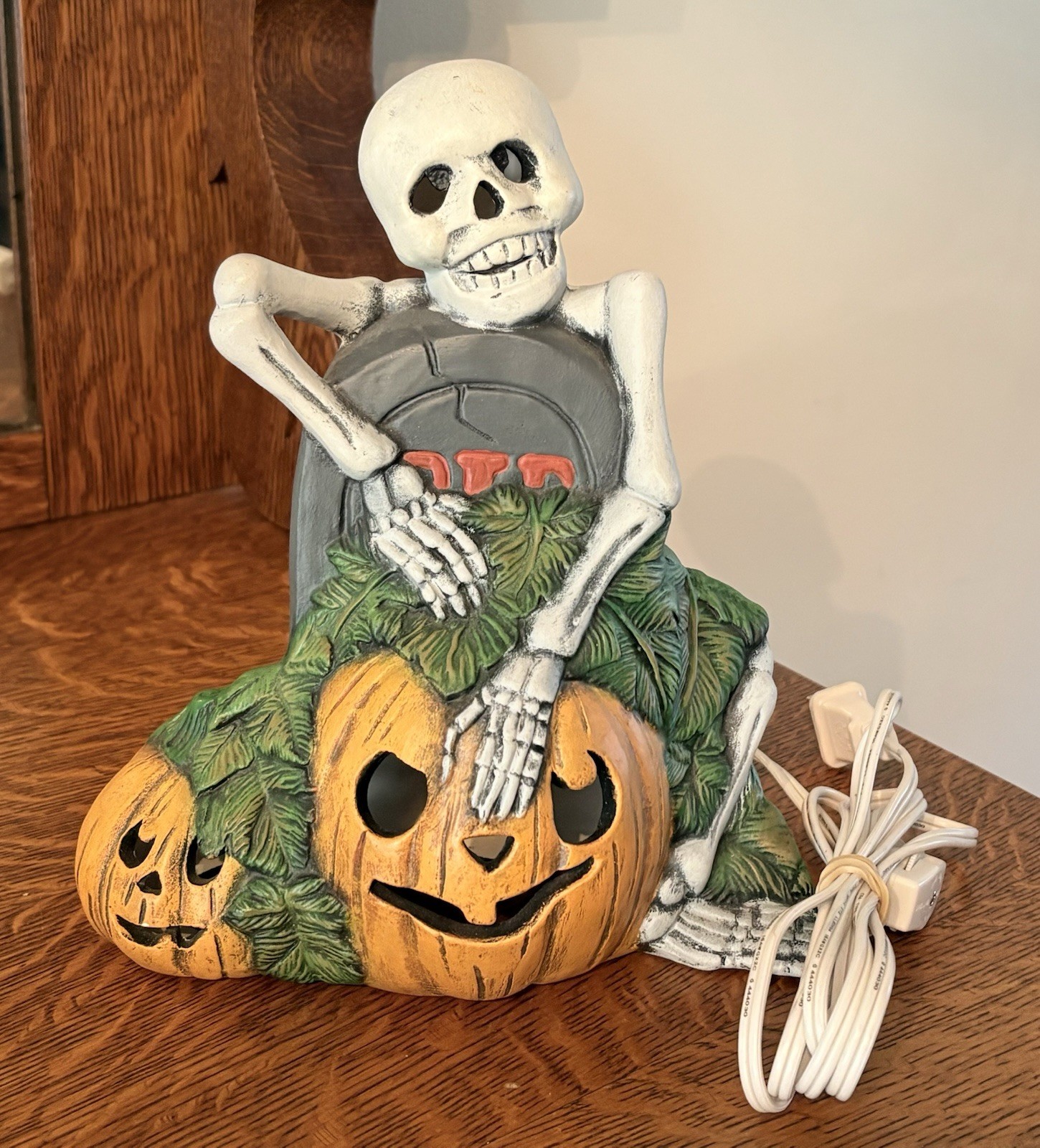 Vintage Halloween Jack-O-Lantern & Skelton Ceramic Lighted Pumpkin Painted 9.5 Vintage Halloween Jack-O-Lantern & Skelton Ceramic Lighted Pumpkin Painted 9.5