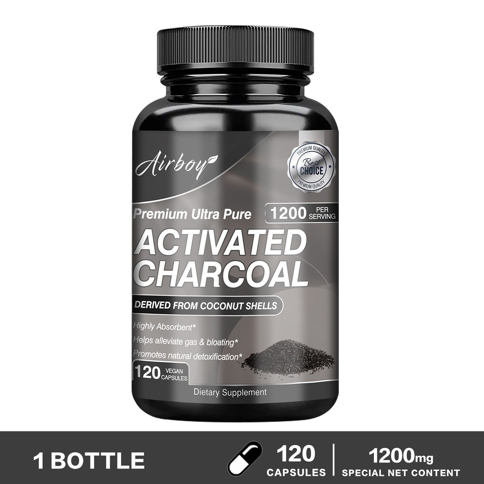 Organic Activated Charcoal Capsules 1200mg - Highly Absorbent, Detox Cleanse