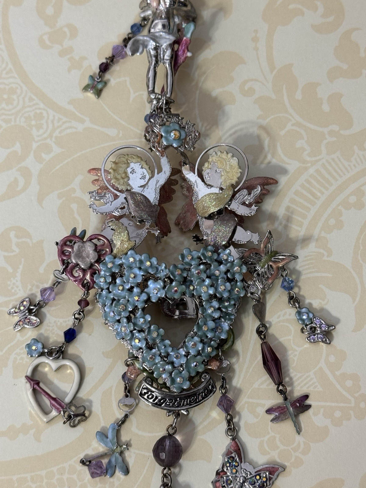 Kirks Folly Vintage Silvertone Forget Me Not Floral Heart Dragonfly Ornament Kirks Folly Vintage Silvertone Forget Me Not Floral Heart Dragonfly Ornament