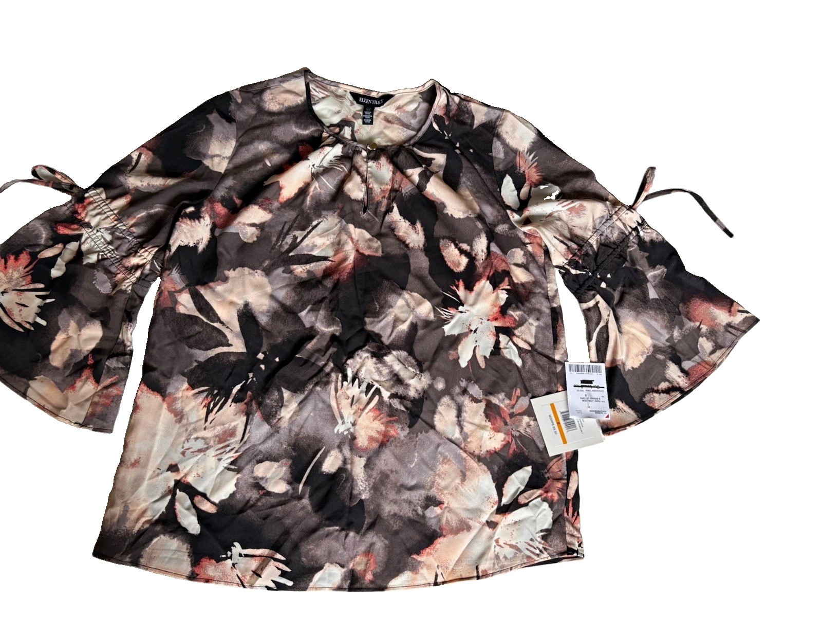 Ellen Tracy Women’s Floral V-Neck Long Sleeve Tie Accent Blouse Size S