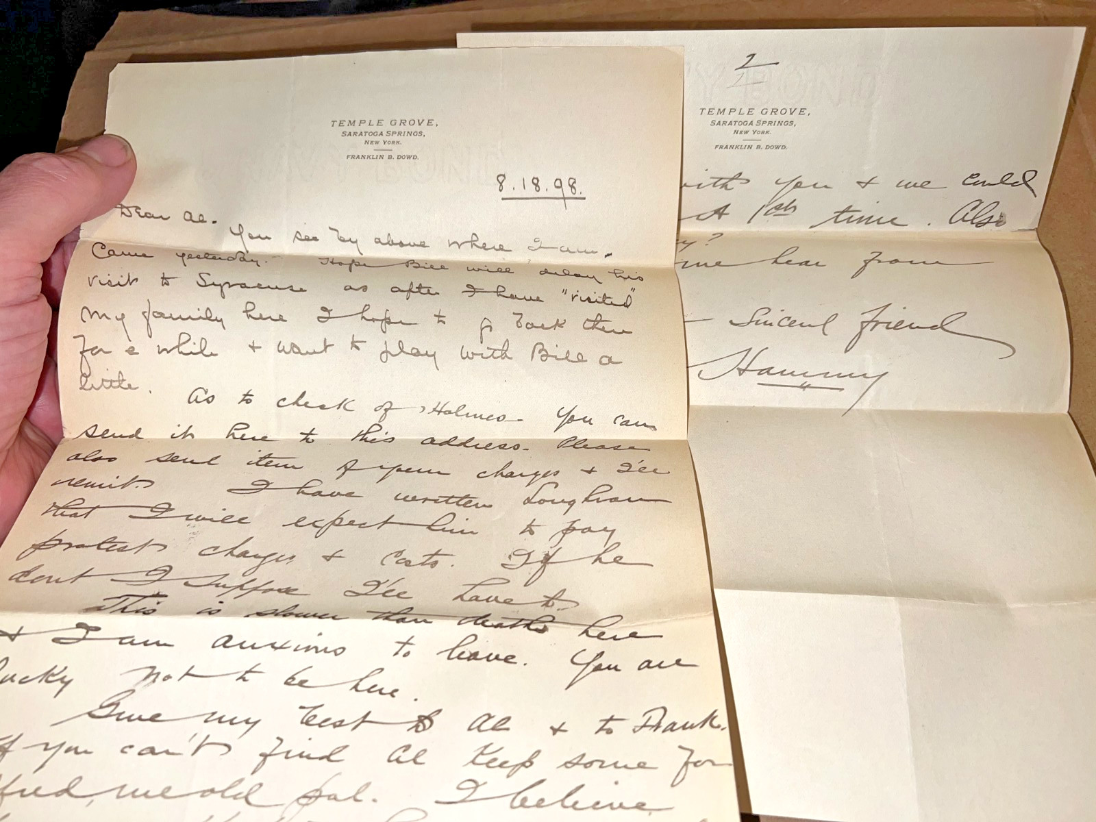1898 Handwritten Letter Temple Grove Saratoga Springs NY Franklin Dowd