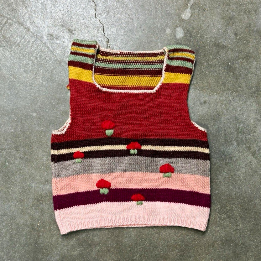 Vintage Homemade Folk Art Mushroom Embroidered Striped Sweater Vest Womens Small