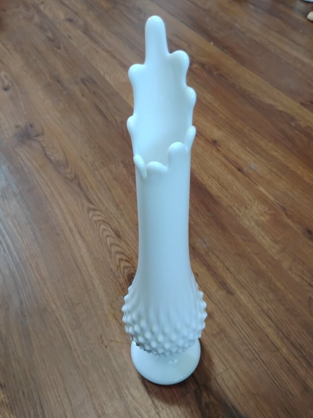 Vintage Fenton Hobnail Milk Glass Swung Pedestal Vase 16\