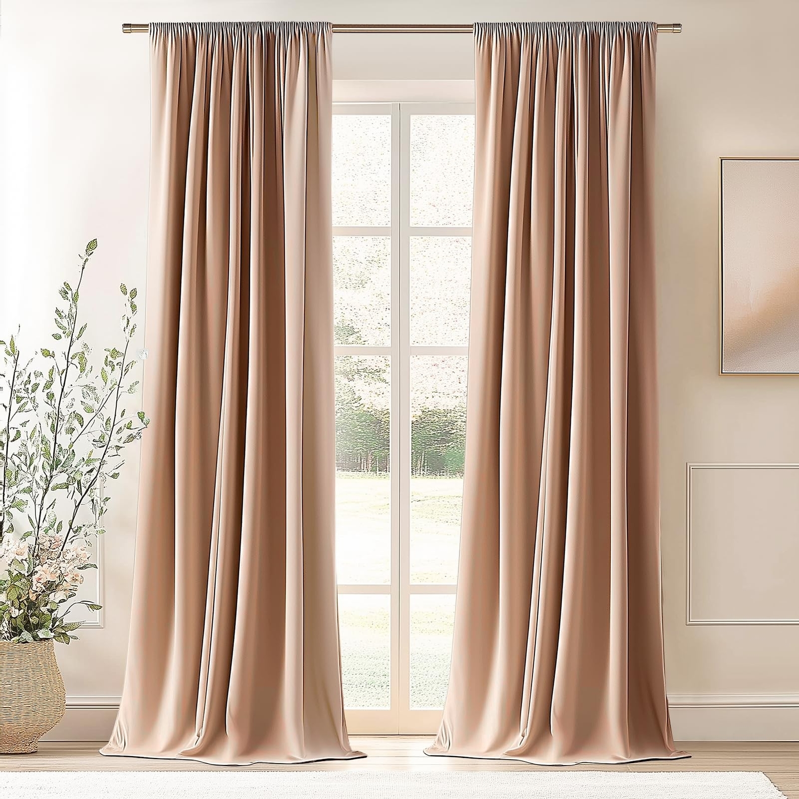 Topfinel Blush Beige Brown 96 Inches Long Velvet Room Darkening Curtains, Bla...