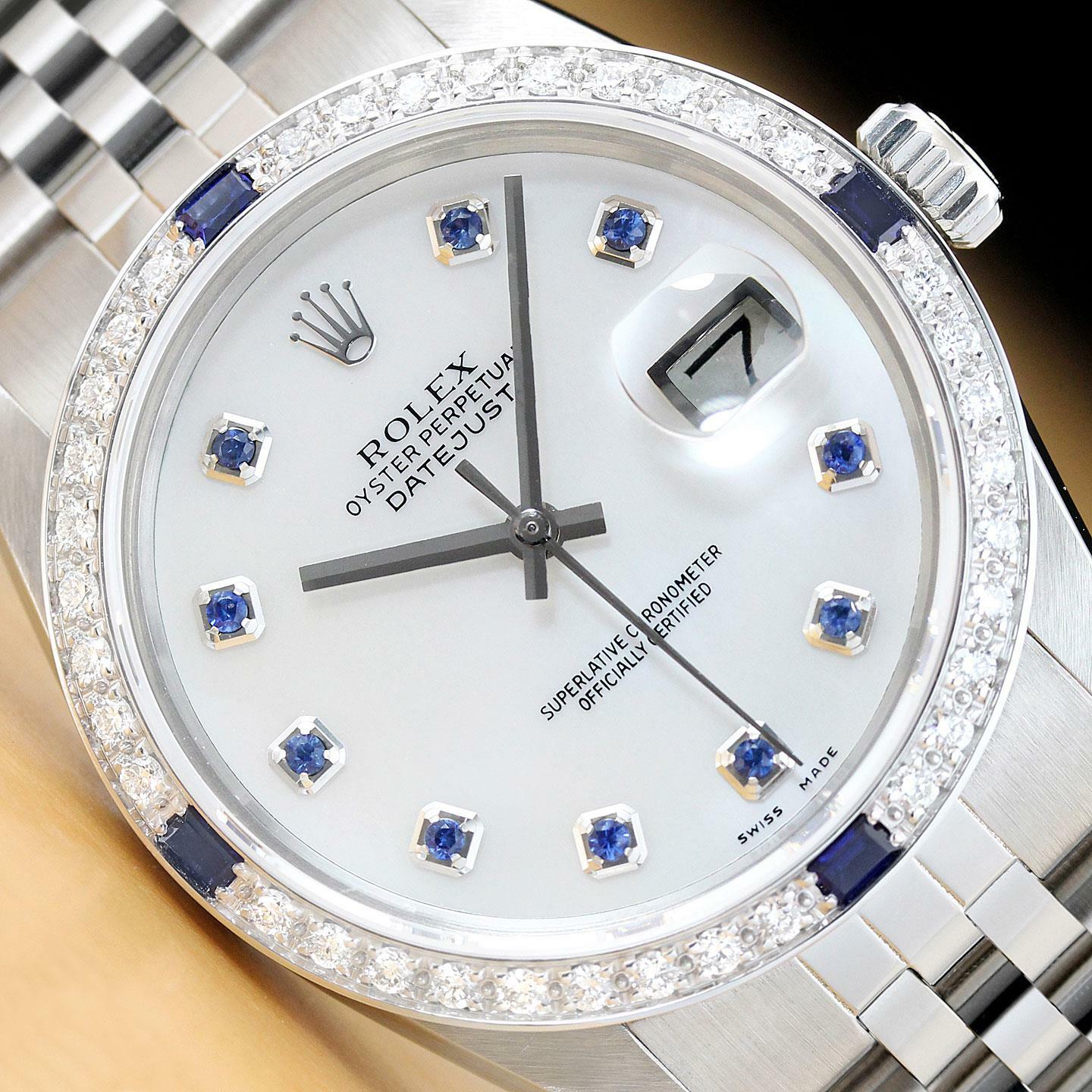 MENS ROLEX DATEJUST 16014 MOTHER OF PEARL SAPPHIRE 18K WHITE GOLD SS WATCH