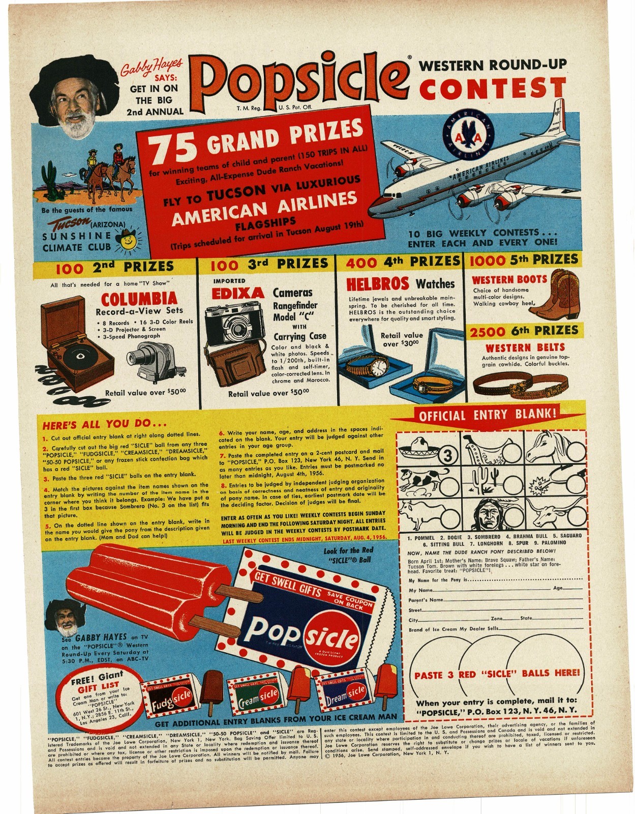 1956 Popsicle Western Round-Up Contest Gabby Hayes Vintage Print Ad