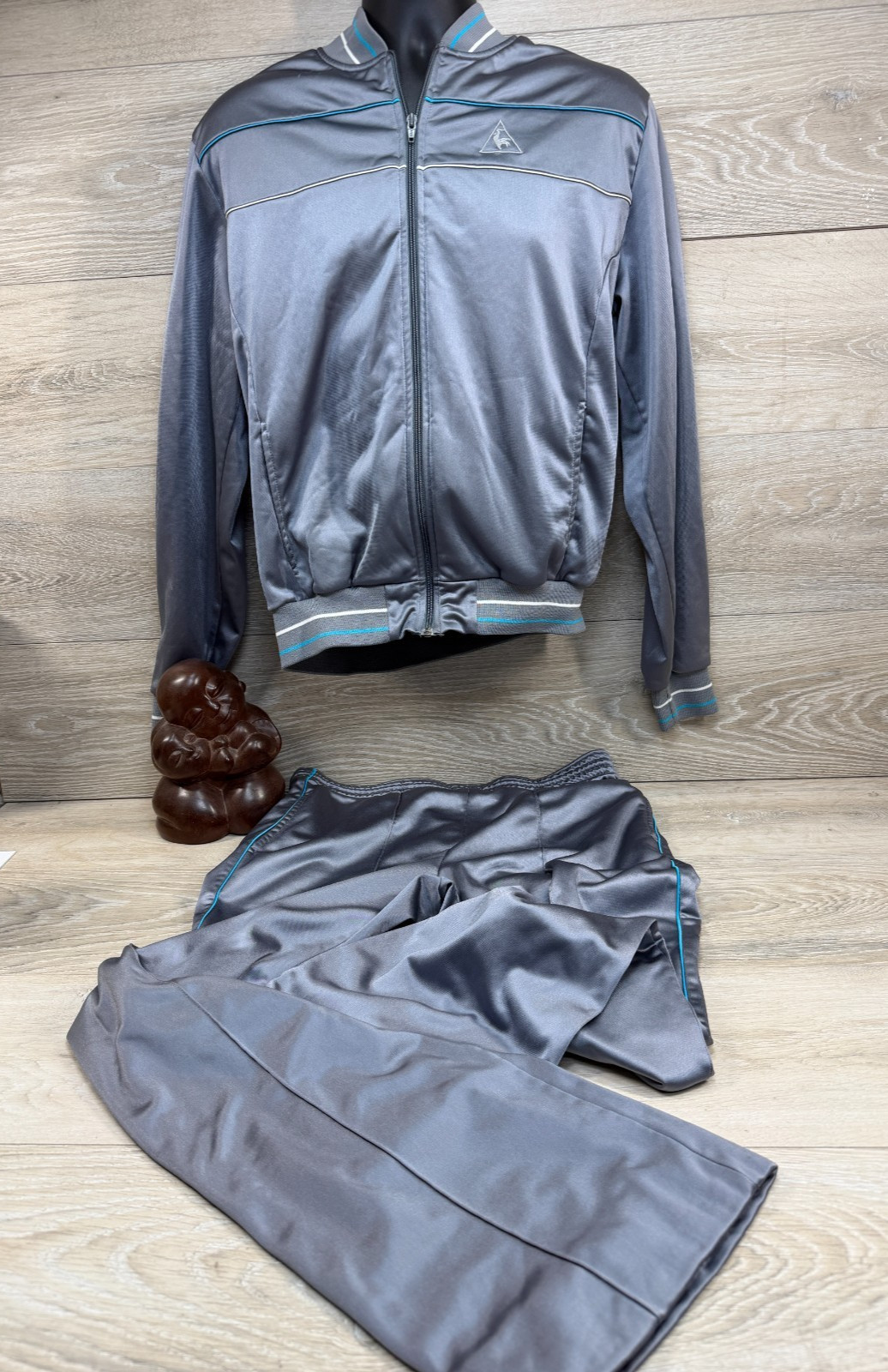 Le Coq Sportif Men\'s Silver & Aqua Urban Tracksuit Jacket & Pants Set 80s L