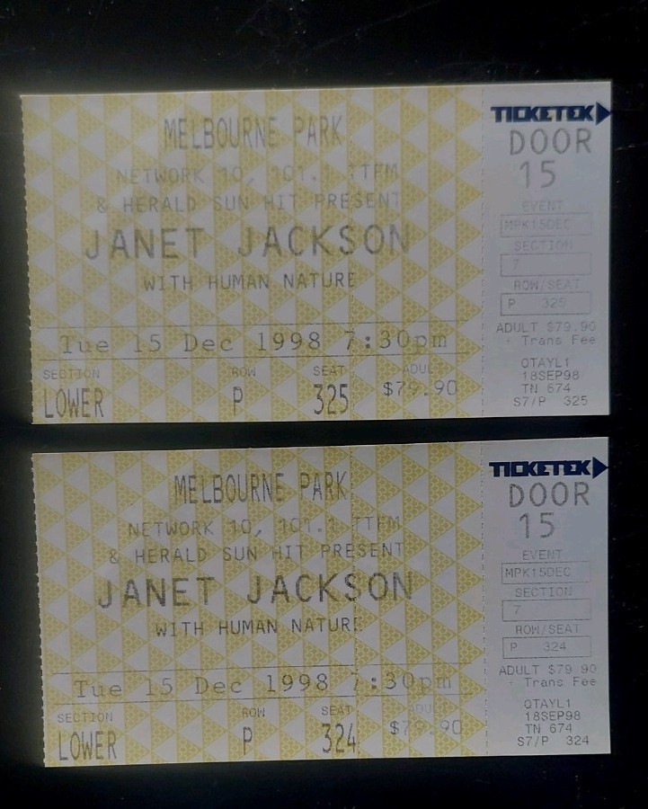 ​2x Vintage JANET JACKSON Ticket Stubs 1998 Velvet Rope Tour Melbourne Pair