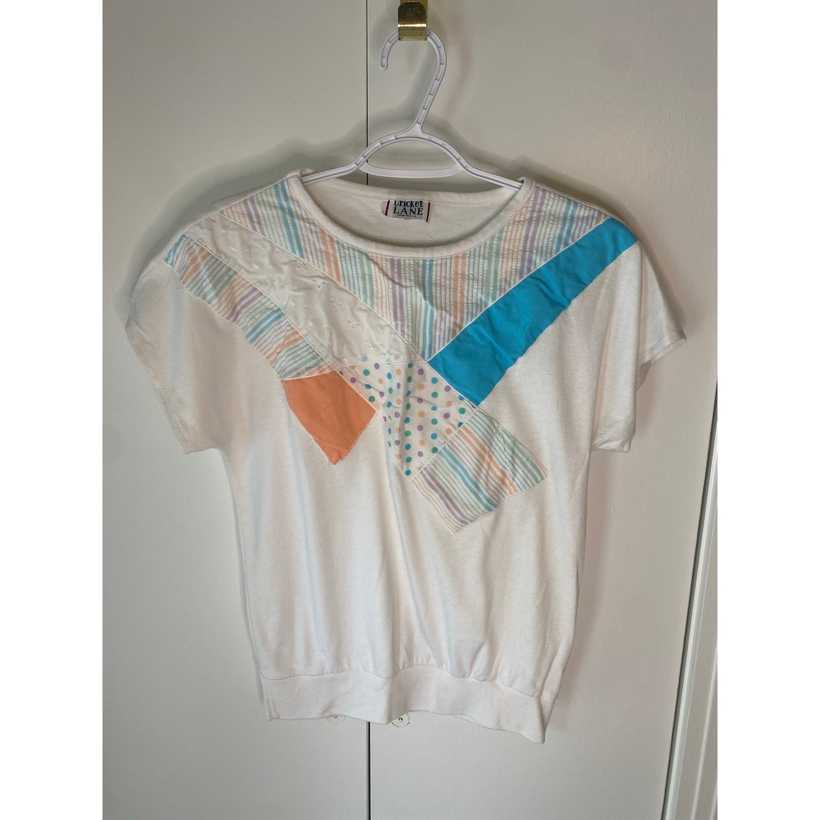 Vintage 80\'s Cricket Lane Short Sleeve White Patchwork Top Small