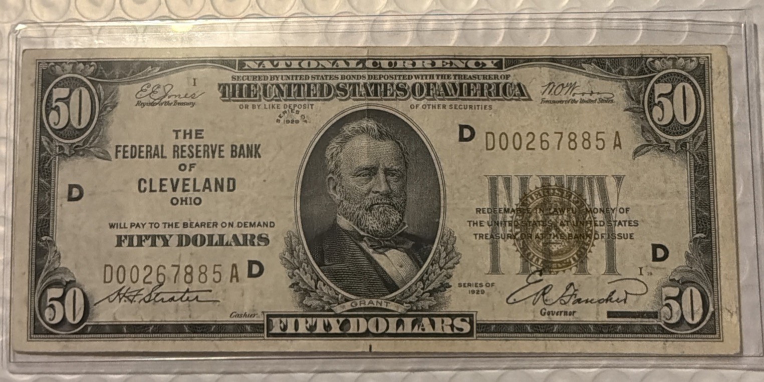 1929 $50 Cleveland CRISP AU+ Federal Reserve Bank Note- Crisp-No Holes No Stain 1929 $50 Cleveland CRISP AU+ Federal Reserve Bank Note- Crisp-No Holes No Stain
