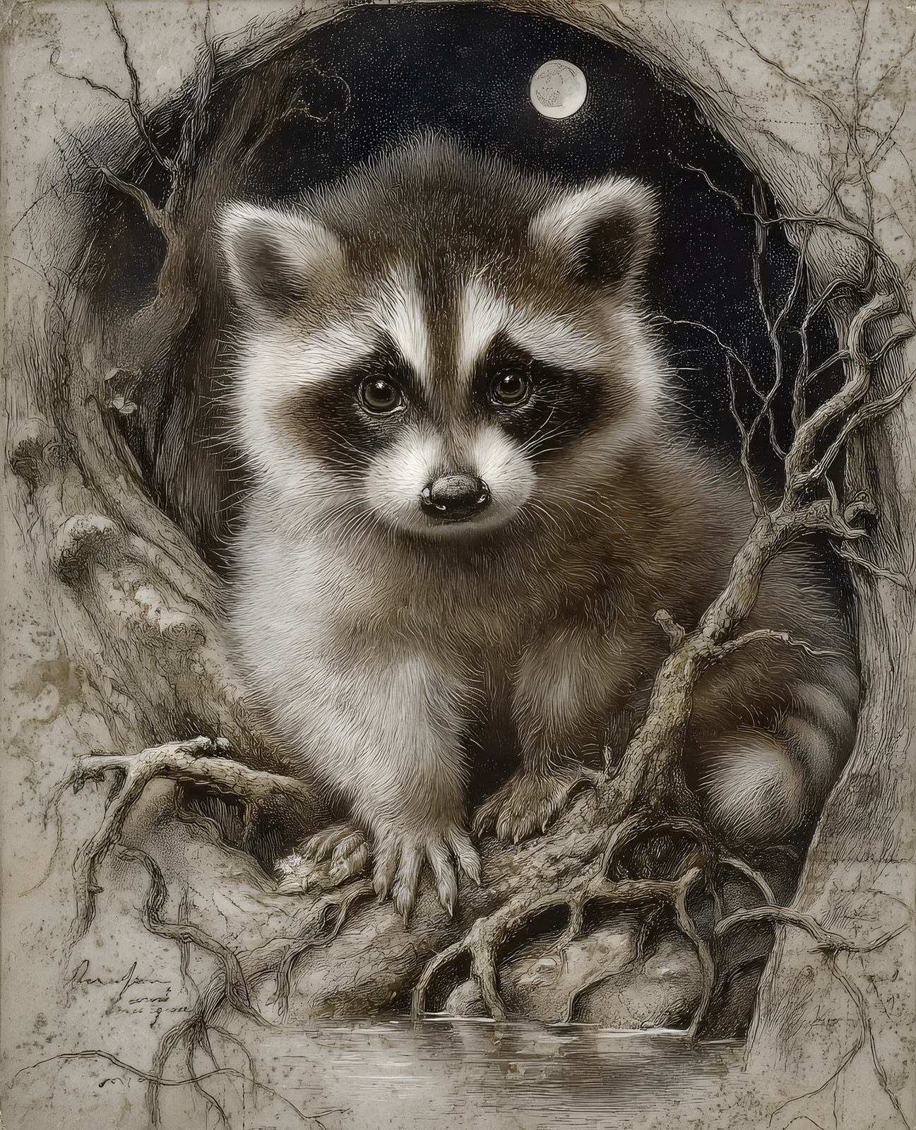 Young Raccoon Nestled in a Moonlit Tree Hollow Print - 934115708