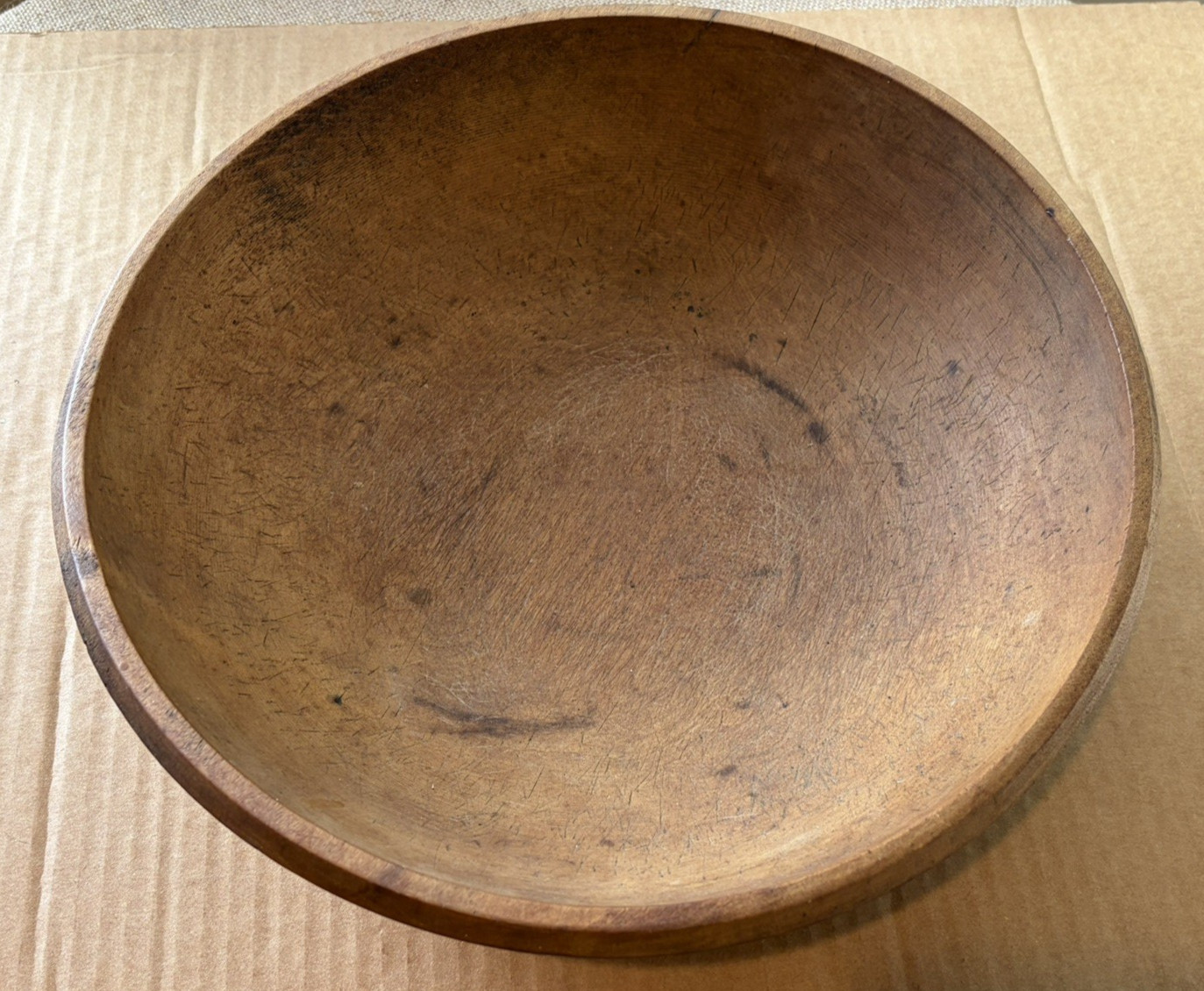 Antique Early Primitive FARMHOUSE Hand Turned Wooden Dough Bowl Treen 14\