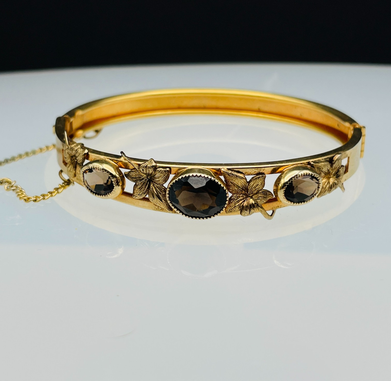 Vintage Signed Russel 12K Gold Filled Smoky Quartz Hinged Bracelet 6.75 inch