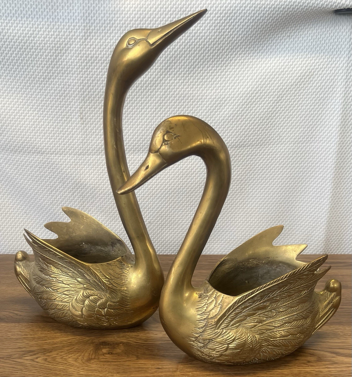 Vintage Large Brass Swans Lot Sculptures MCM Reaching 14” & 10” Cottagecore