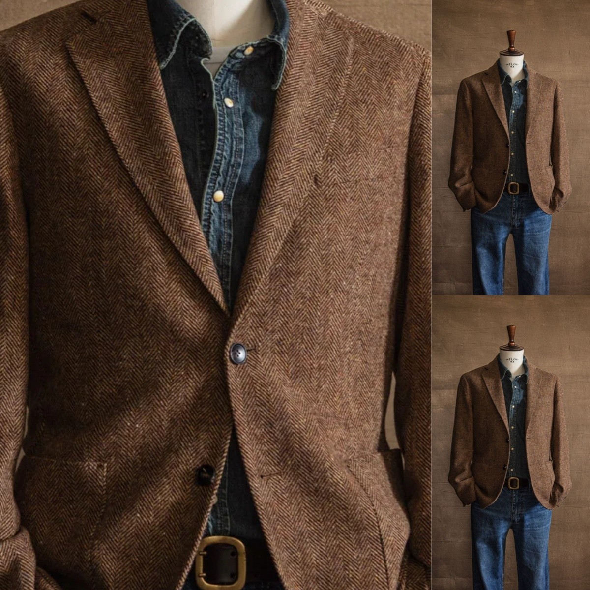 Herringbone Mens Blazer Vintage Winter Warm Jacket Tweed Coat Wool Casual Jacket