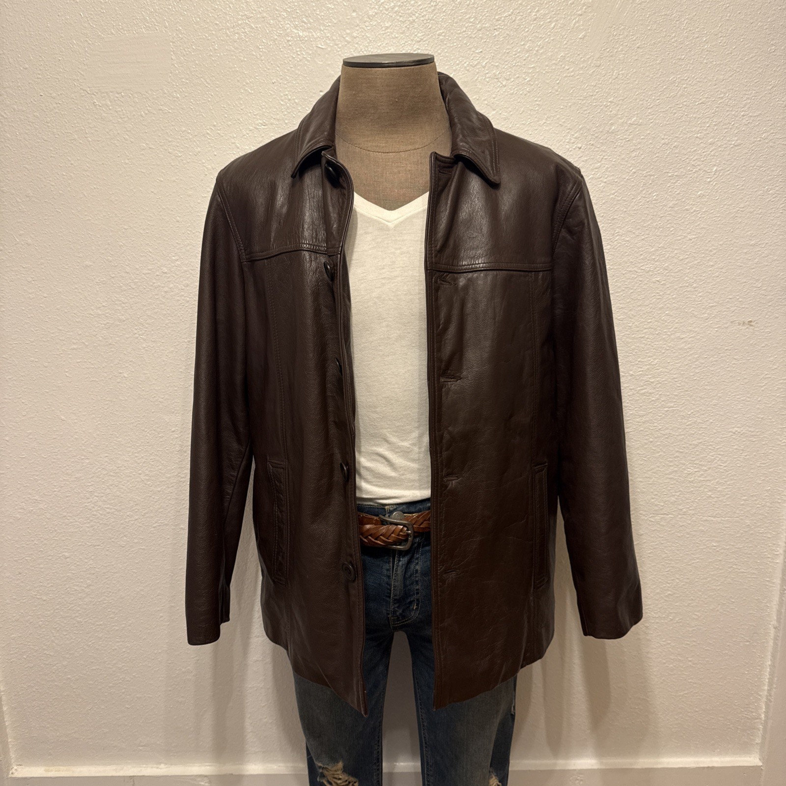 Rare J. Crew M/L Y2K 2000s 90s Gap Brown Leather Breasted Lined Car Jacket/Coat Rare J. Crew M/L Y2K 2000s 90s Gap Brown Leather Breasted Lined Car Jacket/Coat