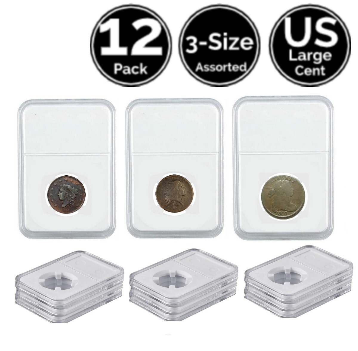 12 Pack 3 Size Assorted Slab Coin Holders For US Large Cent Cornet Wreath Bust