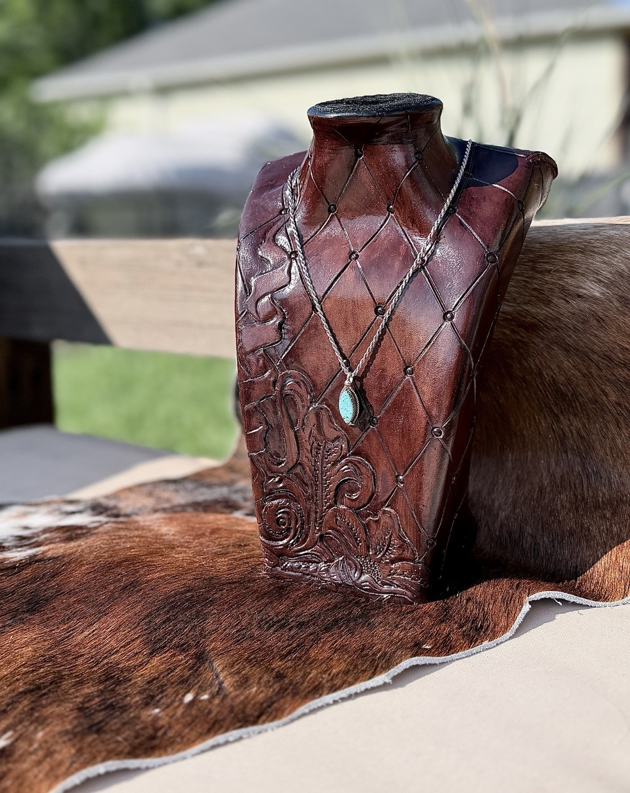Handmade Tooled Leather Necklace Display Bust Stand, Brown, Holds 1 Piece Handmade Tooled Leather Necklace Display Bust Stand, Brown, Holds 1 Piece