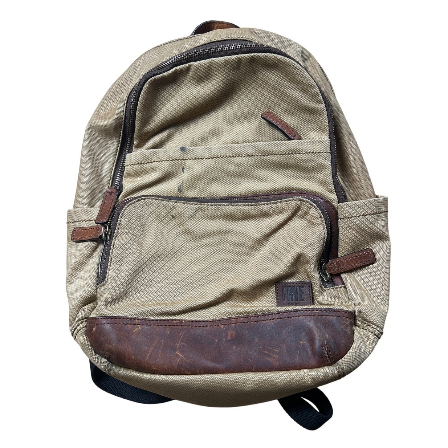 FRYE Carter leather Trim Canvas Backpack Beige Accents Adjustable FRYE Carter leather Trim Canvas Backpack Beige Accents Adjustable