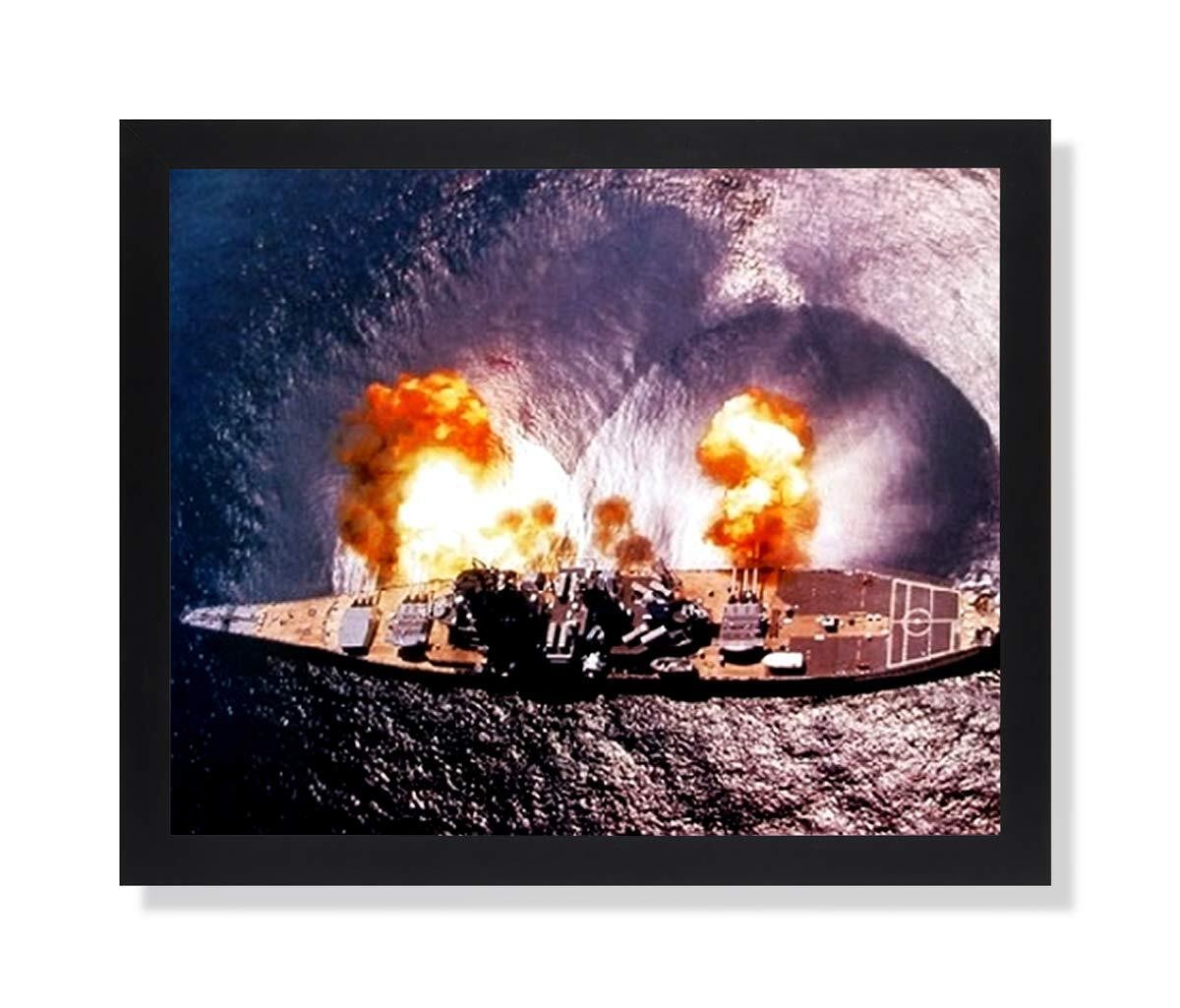 USS Missouri Battleship Firing Guns Military Picture Black Framed Art Print