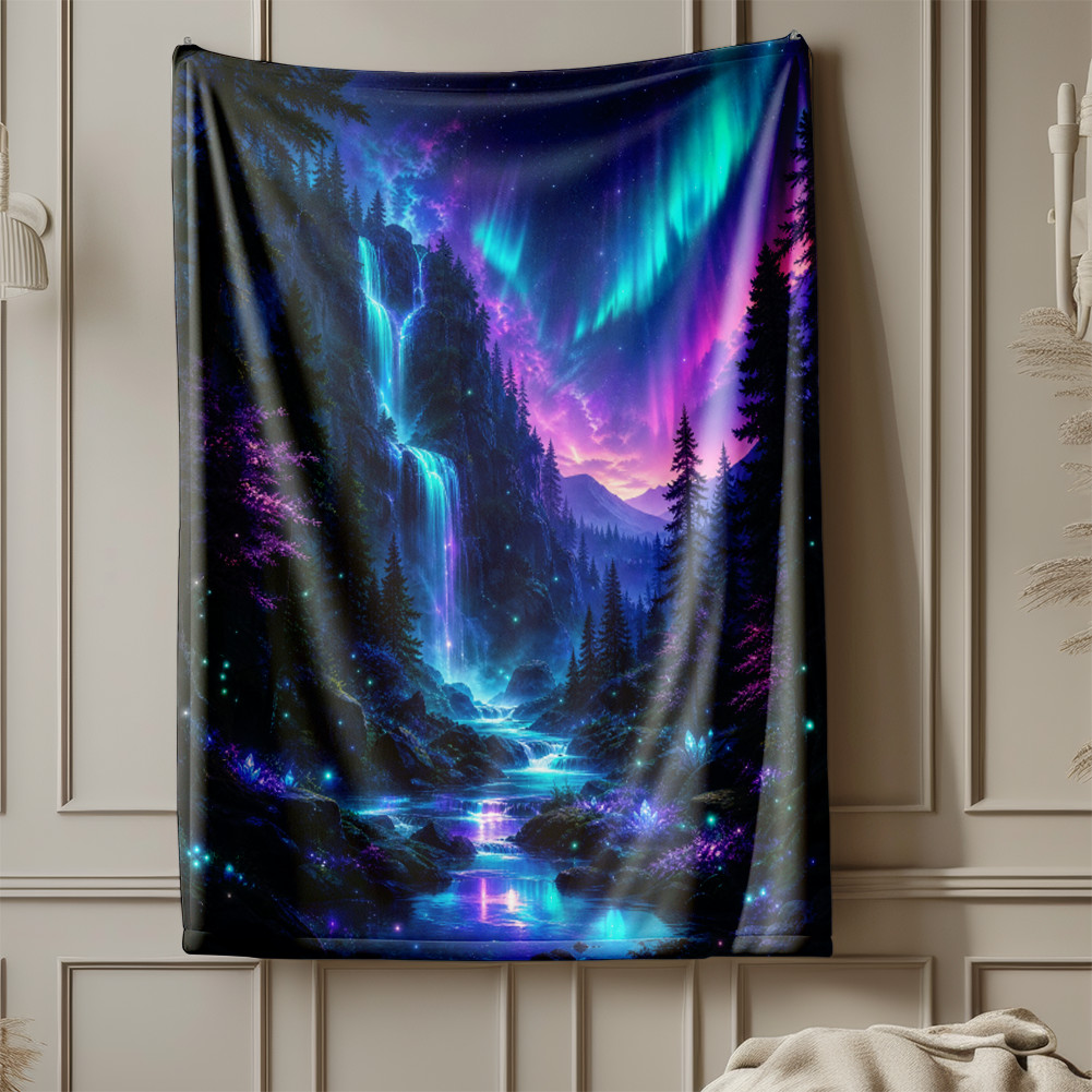 Aurora Forest Waterfall Coral Fleece Blanket Nature Decor