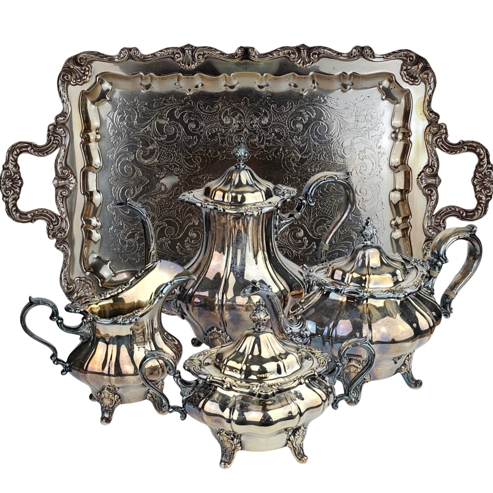 Vintage Gorham Silverplate Strasbourg Tea Coffee Service Set w/ Ornate Tray