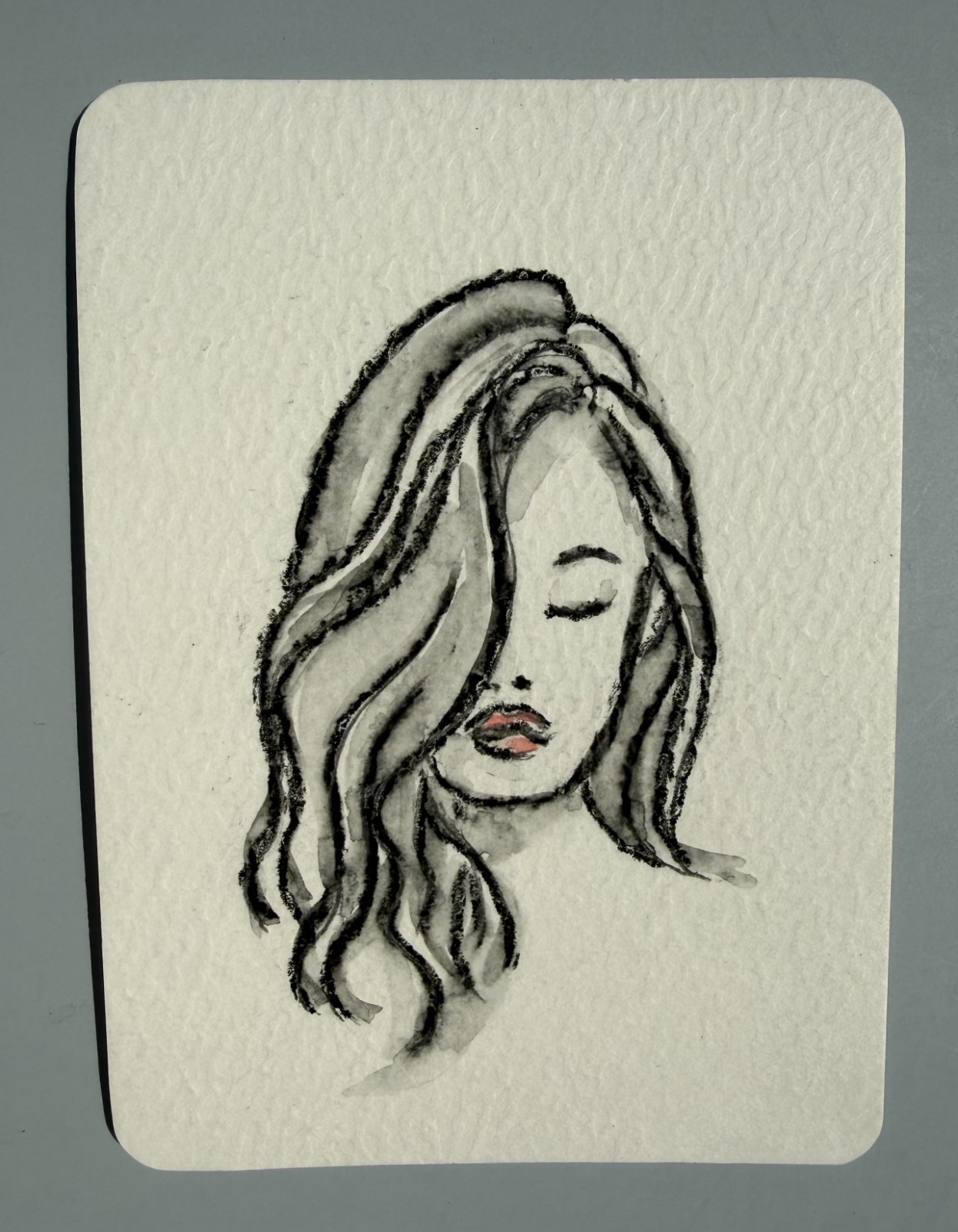 Original ACEO Watercolor Woman Portrait Wavy Hair Soft Reverie  2.5 X 3.5
