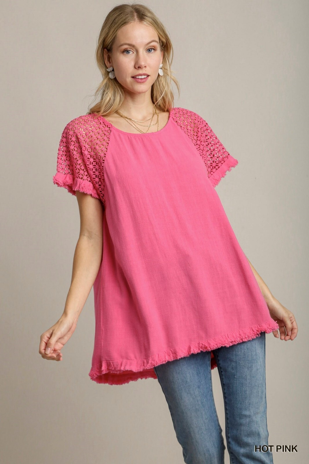 Umgee Hot Pink Linen Round Neck Top Crochet Fringe Short Sleeve Detail