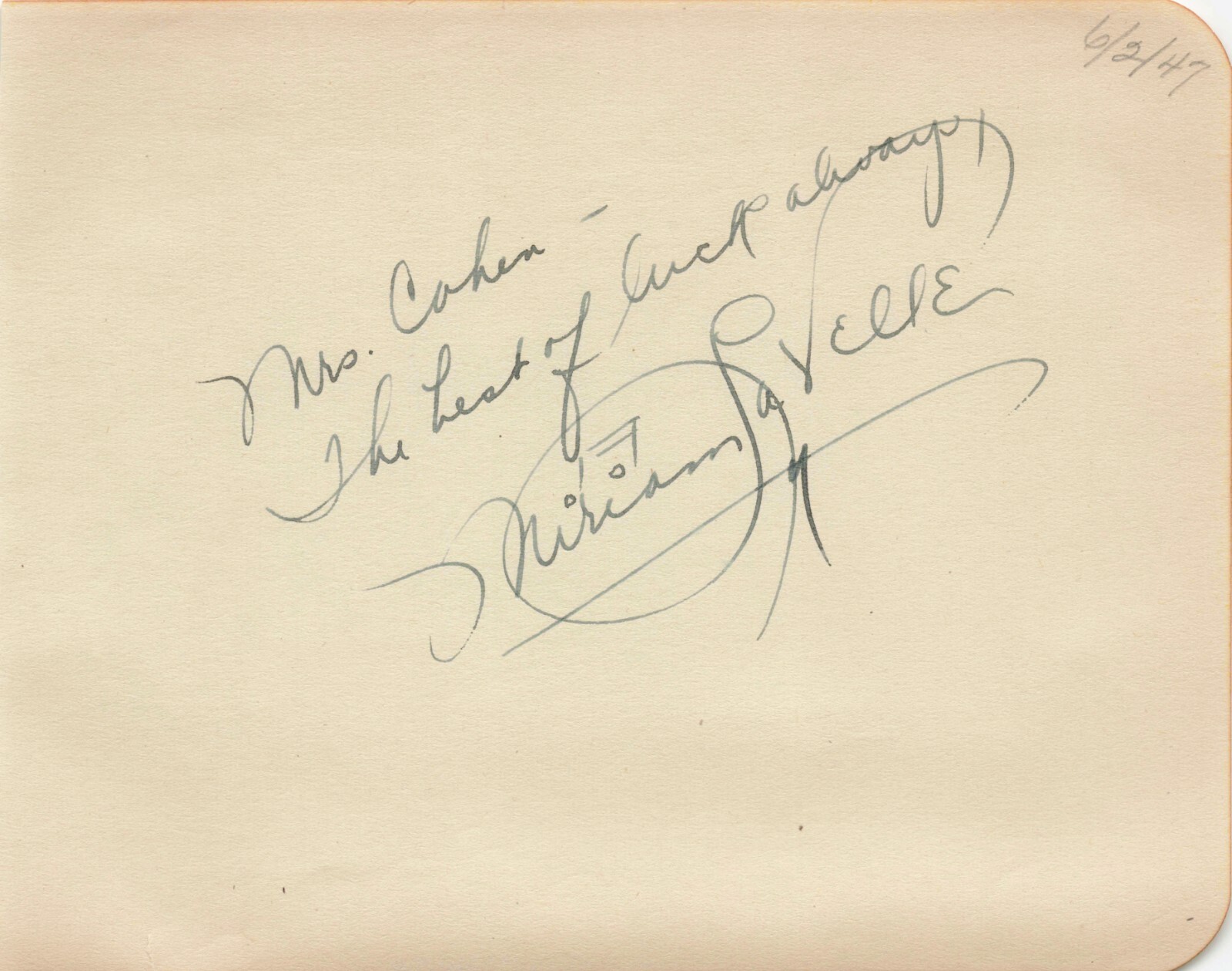 Miriam LaVelle Signed Autographed 4.5x6 Page 1940s Actor