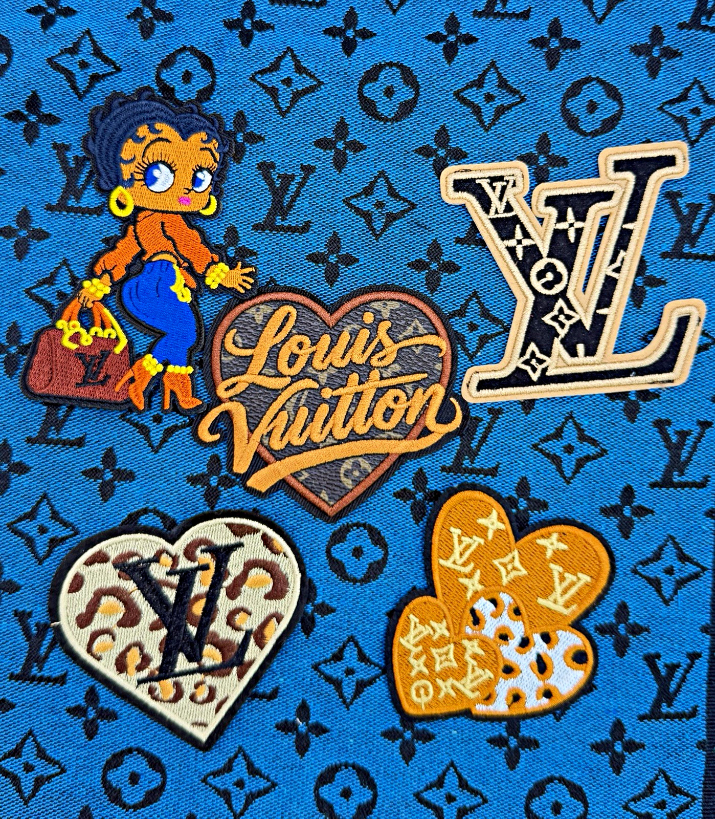 NEW 6PC BLUE Embroidered Logo FABRIC & IRON-ON PATCH SET