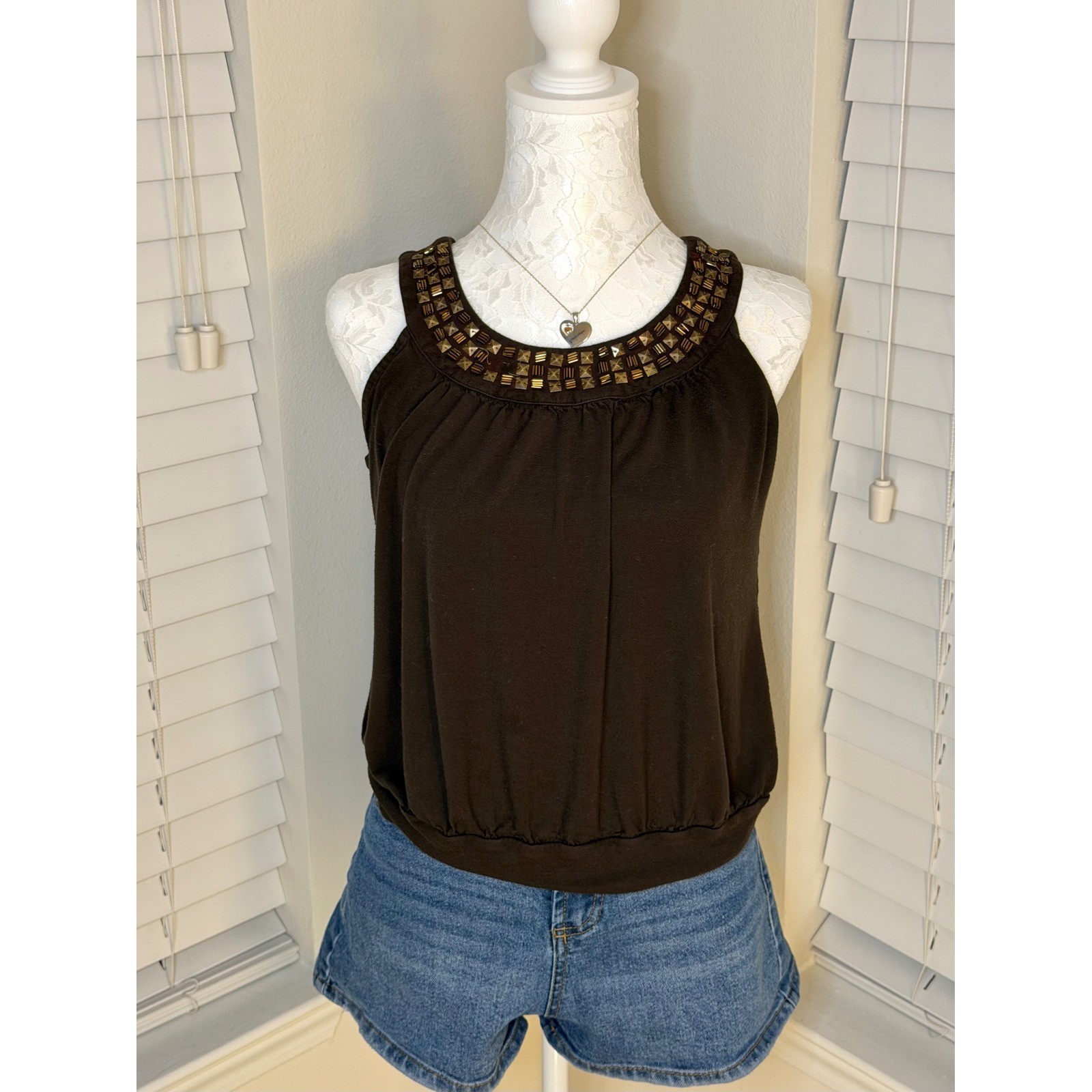 Vintage Y2k Womens Brown Beaded Neckline Sleeveless Bubble Hem Tank Top PS
