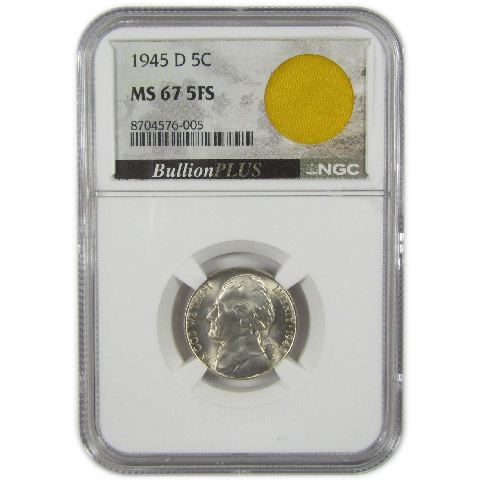 1945 D Jefferson Wartime Silver Nickel MS 67 5FS NGC Coin SKU:I28721 1945 D Jefferson Wartime Silver Nickel MS 67 5FS NGC Coin SKU:I28721