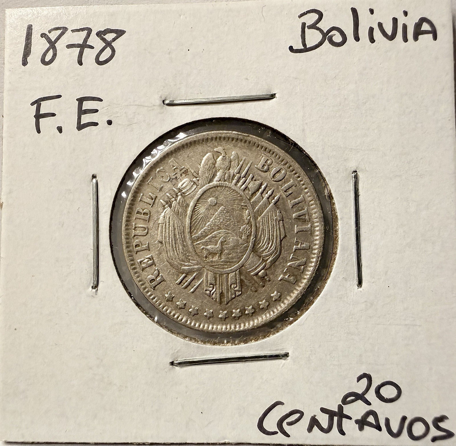 Bolivia 1878 FE-PTS, 20 Centavos Silver Coin, Potosi Mint Bolivia 1878 FE-PTS, 20 Centavos Silver Coin, Potosi Mint