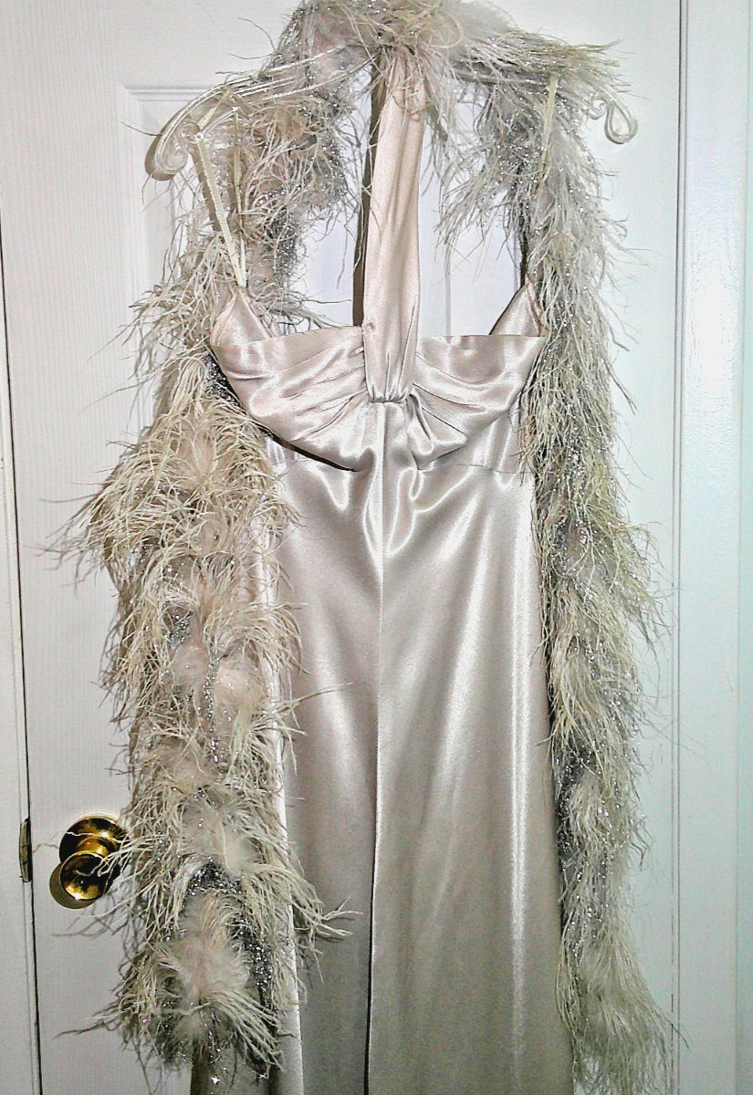 Vintage Fred Perlberg Original champagne satin halter evening gown feather boa Vintage Fred Perlberg Original champagne satin halter evening gown feather boa