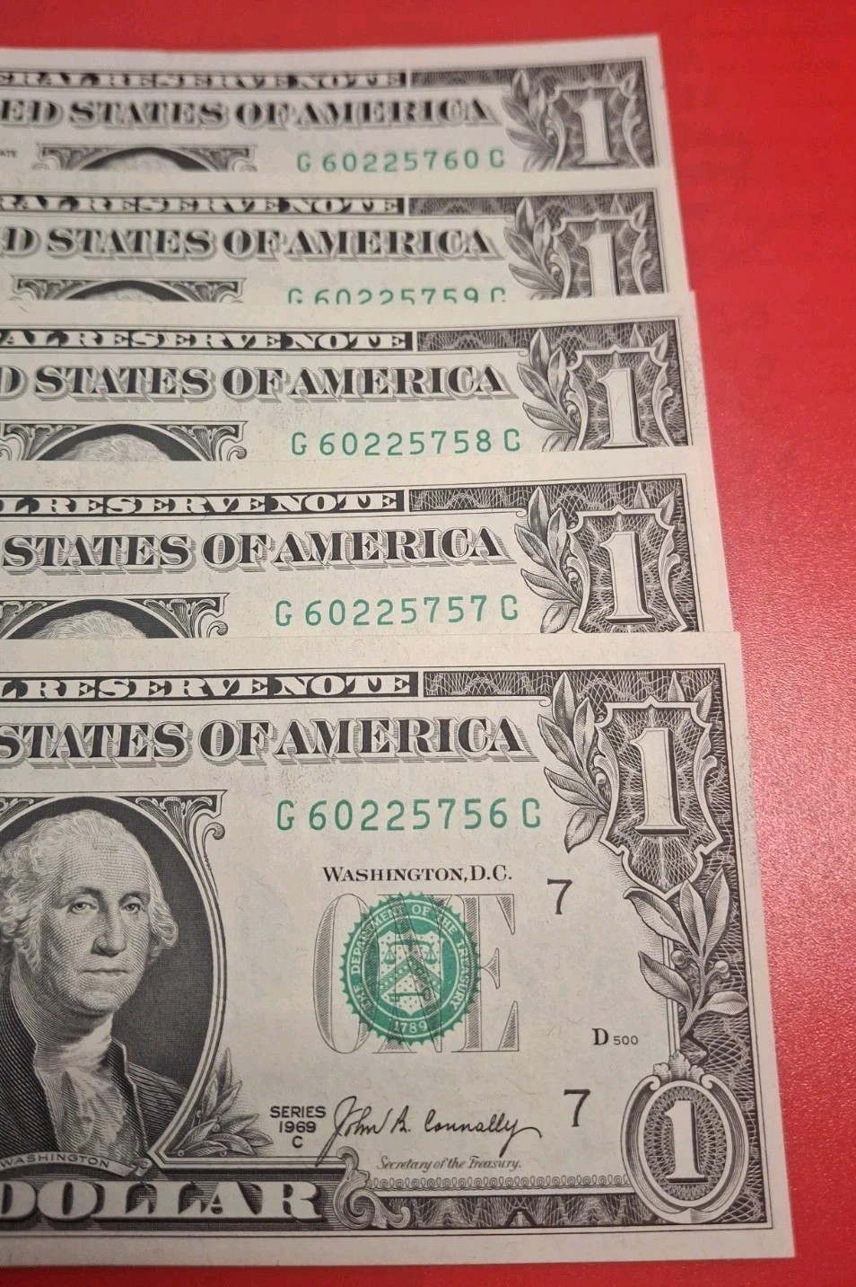 Lot Of 5 Uncirculated 1969 $1 One Dollar Bills Older, Vintage Crisp And Unc (25)
