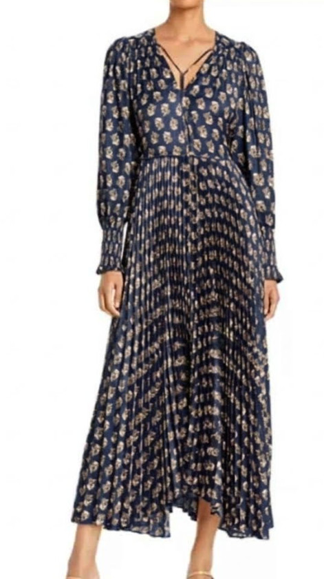 Rebecca Taylor Zia Navy Fleur print Pleated Dress - size Small - retail $425