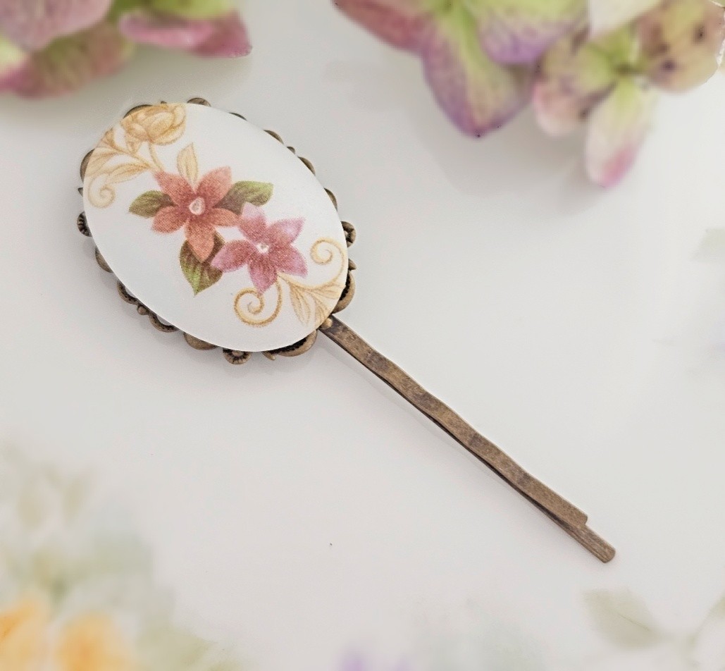 Victorian Style Oval Porcelain Dusty Rose Handpainted Vintage Glass Hair Pin