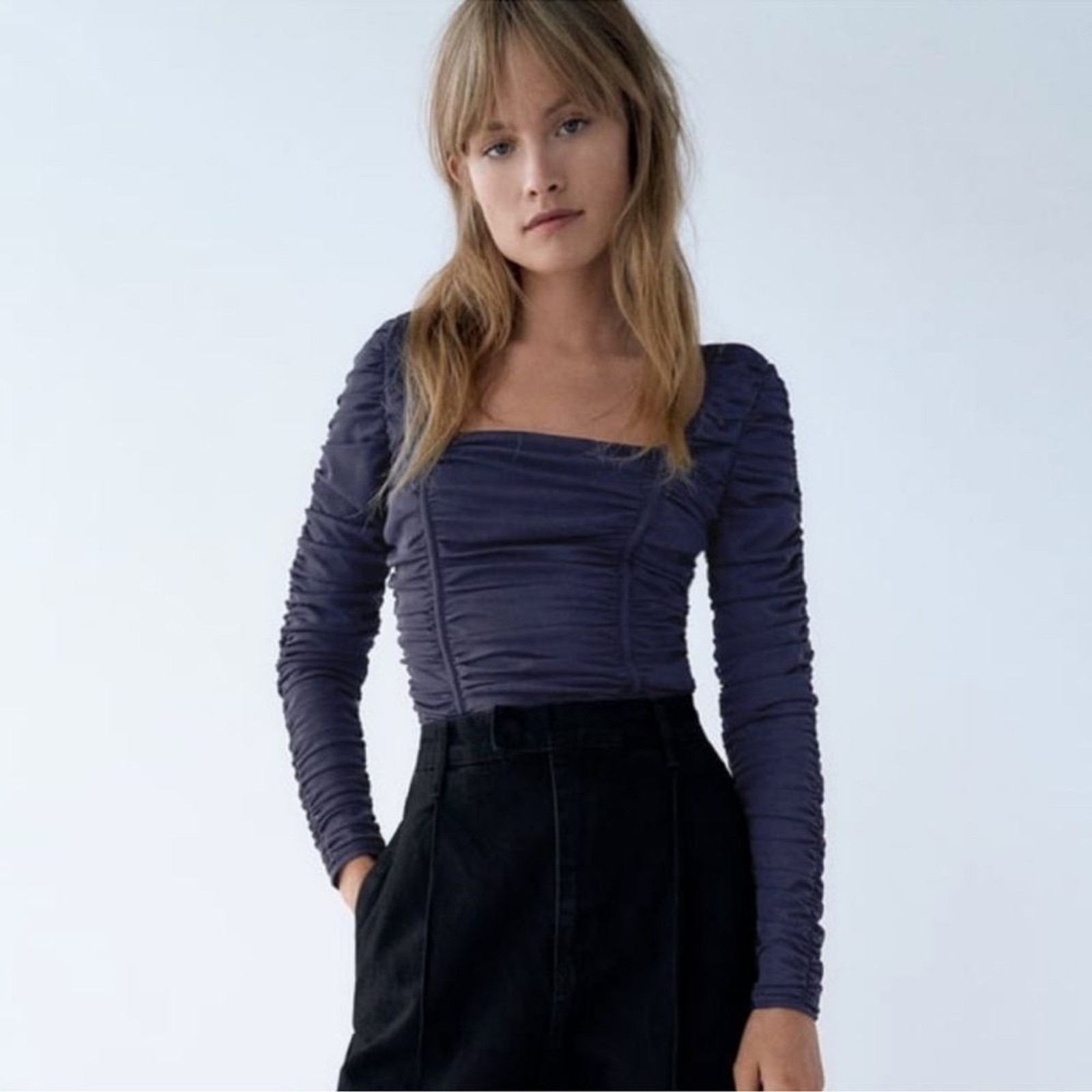 NWOT Zara Drappes Tulle Bodysuit in Navy Size S