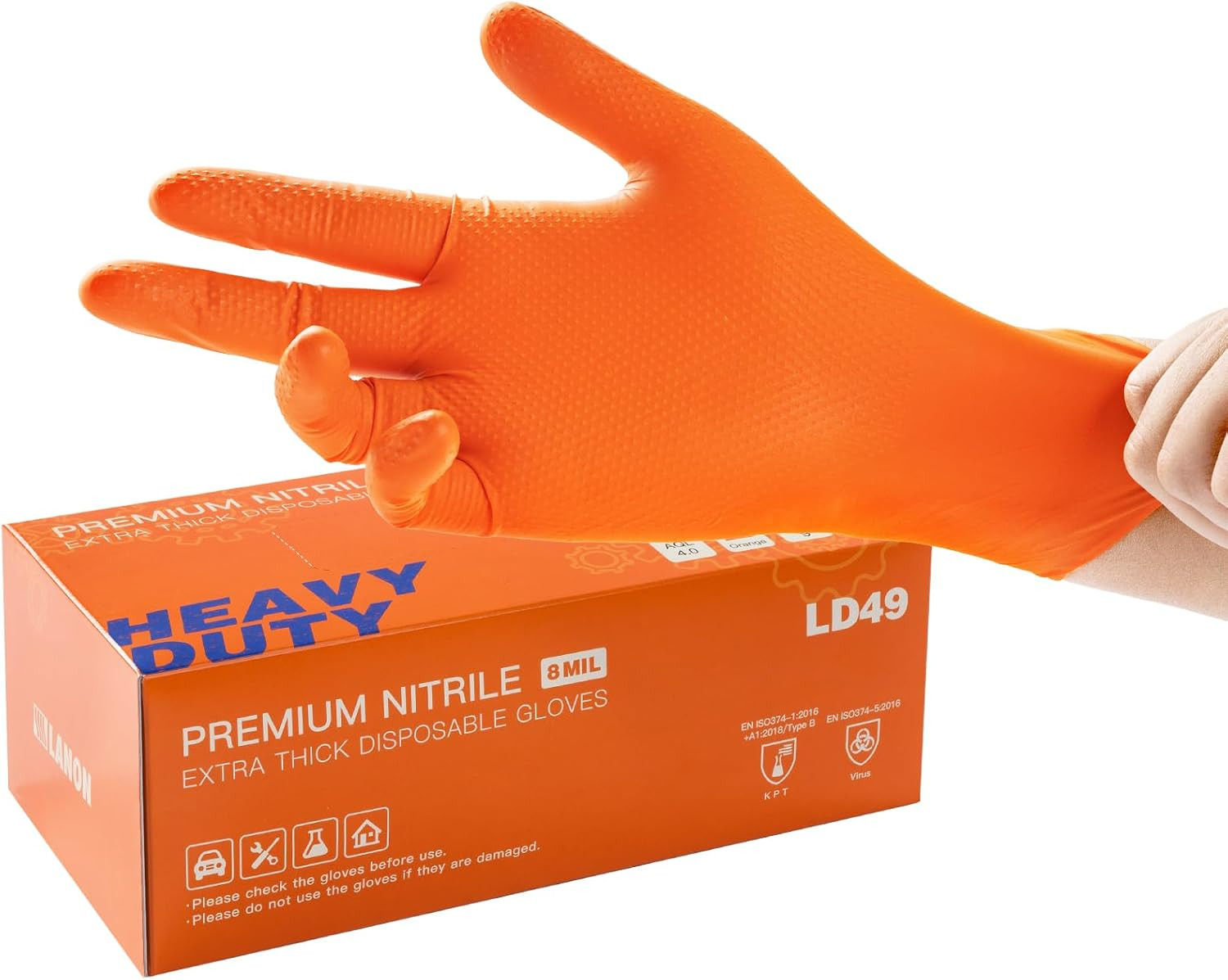 LANON 8mil Orange Disposable Nitrile Gloves, Mechanic, Heavy Duty, Food Safe, L