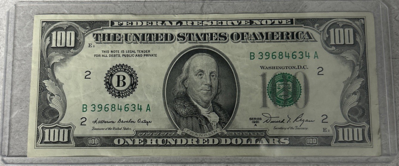 1981A $100 One Hundred Dollar Bill, Federal Reserve Note Serial # B39684634A