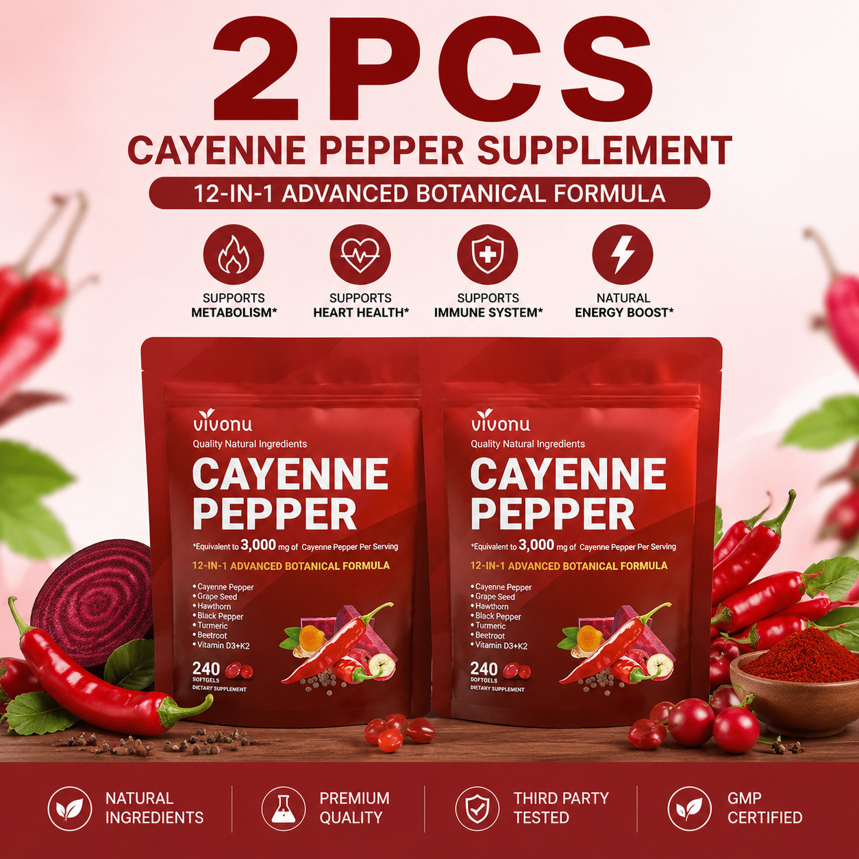 2PCS VivoNu Cayenne Pepper 240 Softgels Dietary Supplement Health Support 2PCS VivoNu Cayenne Pepper 240 Softgels Dietary Supplement Health Support