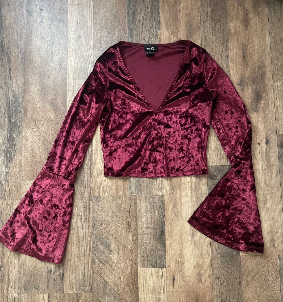 Burgundy Velvet Bell Sleeve Crop Top Y2K Whimsigoth Boho Romantic Goth