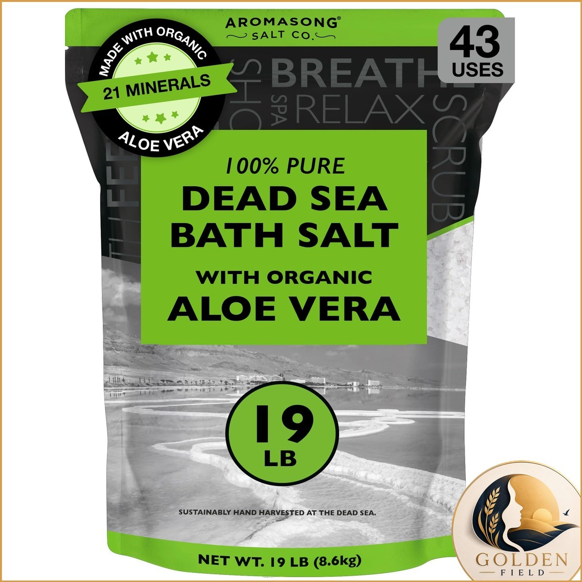 Aromasong Dead Sea Salt with Organic Aloe Vera, 19 Lbs Fine Bulk Resealable Pack